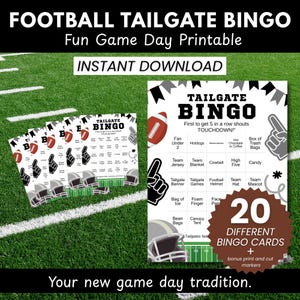 May include: A printable Football Tailgate Bingo game with the text "INSTANT DOWNLOAD". The game includes 20 different bingo cards and bonus print and cut markers. The game is designed for fun game day activities.