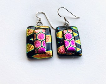 Fused glass dangle dichroic earrings