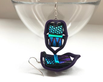 Glass earrings, dichroic earrings, fused glass earrings in purple polymer clay