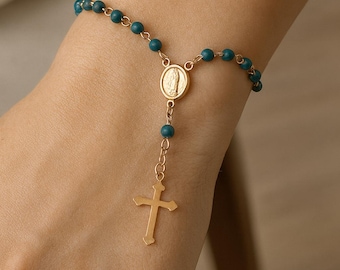 Yellow Gold-Filled Virgin Mary Rosary Bracelet with Cross With Turquoise Beads For Woman or Girl.