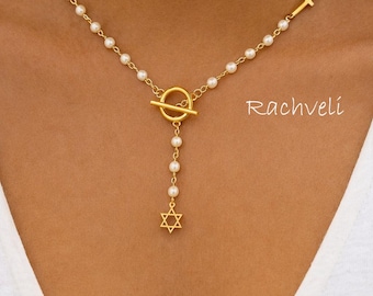 Natural Pearl Rosary Necklace with Star of David & Cross Charms, Lariat Style Interfaith Jewelry.