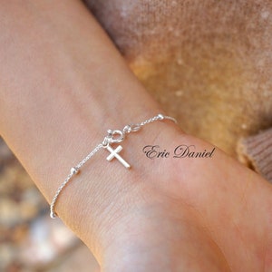 Sterling Silver Rosary Bracelet With Cross Charm, Religious Bracelet for Kids or Adults, Dainty Beaded Chain Bracelet With Cross.