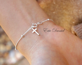 Sterling Silver Rosary Bracelet With Cross Charm, Religious Bracelet for Kids or Adults, Dainty Beaded Chain Bracelet With Cross.