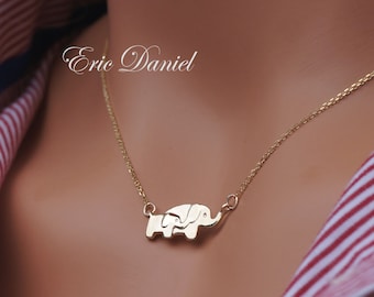 Mother Daughter Elephant Necklace 10k 14k 18k Solid Gold in White, Yellow or Rose Gold, Mother Child Elephant, Baby Elephant, Lucky Elephant