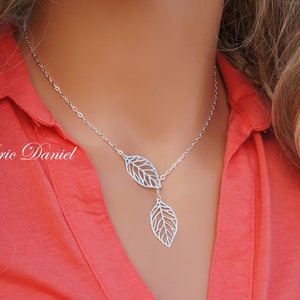 Double Leaf Necklace in Sterling Silver, Yellow Gold and Rose Gold, Sideways Leaf Necklace, Lariat Leaves.