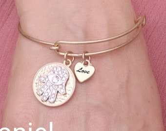 Hamza Hand Charm Bangle, Stackable Bangle With Heart Charm Engraved with Inspirational Word love, Protective Amulet Bangle.