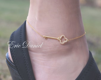 10K, 14K, 18K Sideways Key Anklet With Cubic Zirconia Stones, Rose, White or Yellow Gold, Key Charm Anklet