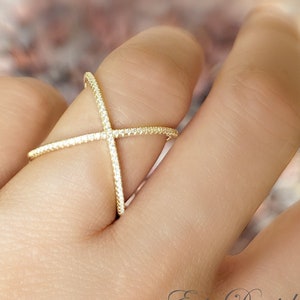 10K, 14K or 18K Solid Karat Gold Criss Cross Rings, Large Ring with Cubic Zirconia Stones in Yellow, Rose or White Gold.
