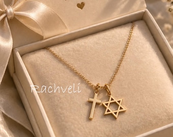 10K, 14K, 18K Gold Or Silver Star of David & Cross Necklace, Interfaith Jewelry For Religious Celebrations, Christmas, Hannukah, Easter, Etc