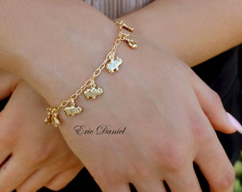 18K Gold Filled Elephant Charms Bracelet, Elephant Family Bracelet, Good Luck Bracelet, Multi Charm Bracelet in Gold.