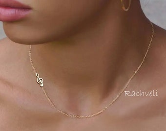 10K, 14K or 18K Solid Gold Sideways Treble Clef Necklace, Music Note Necklace, Music Lover Gift, Music Fun, College Student, musician gift.