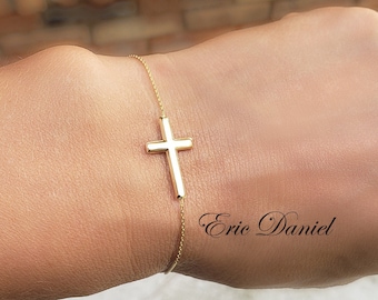 Sideways Cross Bracelet, Available in 14K Gold Yellow, White or Rose Gold, Adjustable Religious Bracelet for  Kids or Adults.