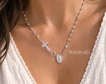Sterling Silver Rosary Necklace: Virgin Mary Medal, Sideways Cross