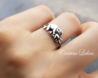Ring i sterlingsilver för mor och elefantunge: Lycka till, moderlig kärlek.