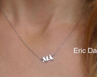 10k, 14k or 18k Solid Gold Family Bird Necklace, Mother & Baby Birds on The Tree Branch in White, Yellow or Rose Gold - Family Union