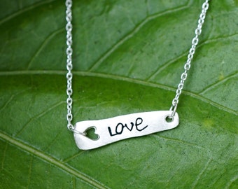 Engraved Love Necklace in Sterling Silver, Yellow or Rose Gold, Expression Necklace "Love", Bar Necklace, Cut Out Heart Necklace