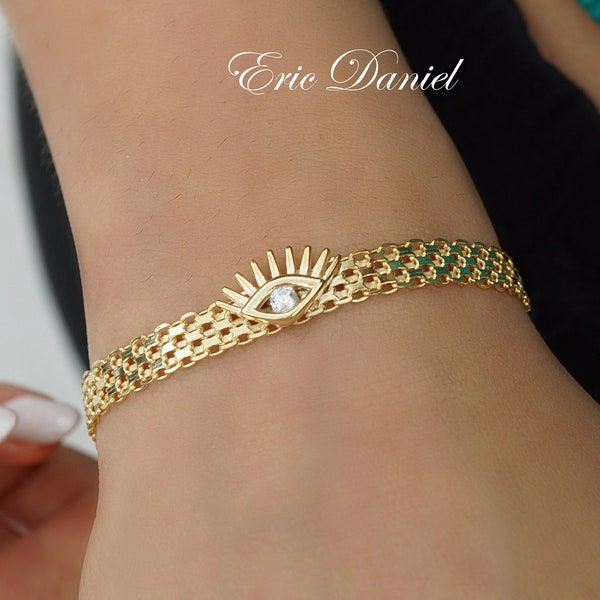 Yellow Gold-filled  Evil Eye Bracelet with Large Bismarck Chain, Cubic Zirconia Stone Eye - Symbolic Jewelry - Protective Jewelry