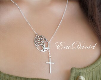 Tree of Life Lariat Necklace with Upright Cross in Sterling Silver, Yellow or Rose Gold. Religious Necklace, Family Tree Necklace.