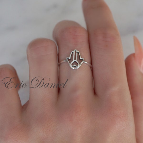 Sterling Silver Hamsa Hand Heart ring for Adult or Child, Protective Amulet Ring, Religious Rings.