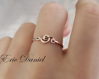 Personalized Solid Gold Music Note Ring with Birthstone