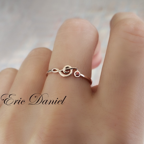 10k, 14k, or 18k Solid Gold Sideways Music Ring With Birthstone in White, Yellow or Rose Gold, Musical Note Ring, Stacking Ring.