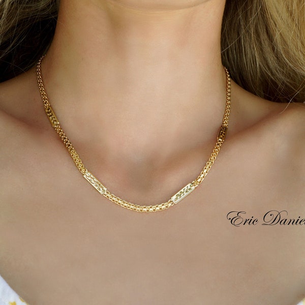 Yellow Gold Bismark Chain Necklace - Large Bismark Chain Necklace, Stackable Specialty Chain.