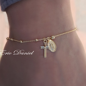 14K Solid Gold Rosary Bracelet, Virgin Mary With Classic Cross, Faith Inspirational Gift for Woman or Girl of Any Age.