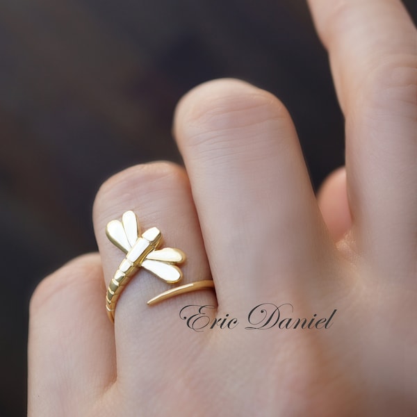 Dragonfly Ring in Sterling Silver, Rose or Yellow Gold, Adjustable Ring, Double Wrap Ring