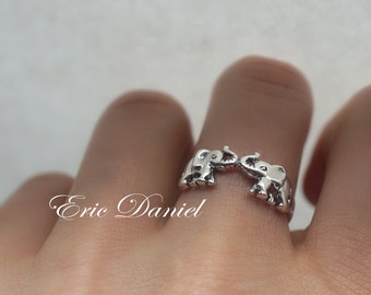 Love Elephant Ring - Sterling Silver, Yellow or Rose Gold Love Elephants, Amulet Ring, Good Luck Ring, Protective Elephant Ring