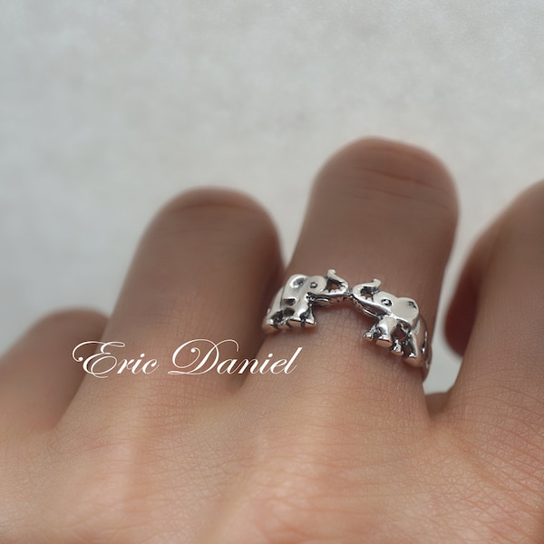 Love Elephant Ring - Sterling Silver, Yellow or Rose Gold Love Elephants, Amulet Ring, Good Luck Ring, Protective Elephant Ring