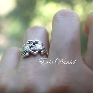 Könnte beinhalten: Ein silberner Ring mit dem Design von zwei sich umarmenden Fröschen, verziert mit kleinen, glitzernden Steinen. Das Design des Rings hebt die Formen der Frösche hervor. Der Text "Eric Daniel" ist im Bild sichtbar.
