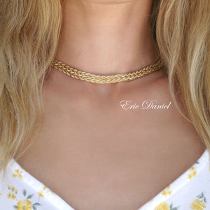 Yellow Gold Braided Choker Necklace - Large Woven Chain Necklace, Stackable Herringbone Style Specialty Chain.