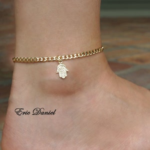 Yellow Gold Hamsa Hand Anklet, Curb Chain Anklet, Specialty Chain Anklet, Protective Anklet