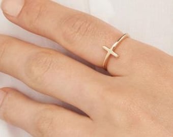 14k Solid Gold Sideways Cross Ring in Yellow, White or Rose Gold, Christian Faith Gift For Christmas, Easter, Confirmation, Baptism, etc.