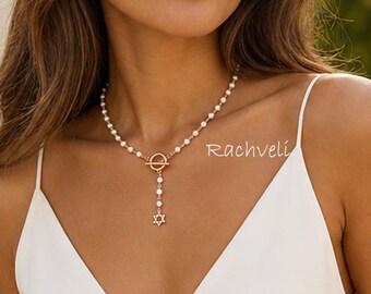 Natural Pearl Rosary Necklace with Star of David & Cross Charms, Lariat Style Interfaith Jewelry.