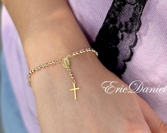 Virgin Mary Rosary Bracelet in Yellow Gold, Religious Bracelet for Kids or Adults, Beaded Chain.