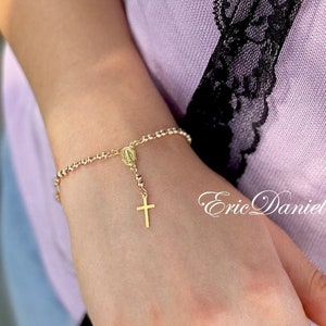 Virgin Mary Rosary Bracelet in Yellow Gold, Religious Bracelet for Kids or Adults, Beaded Chain.