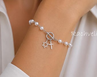White Pearl Bracelet with Toggle Clasp, Star of David & Cross Charms, Interfaith Jewelry, Natural Pearls.