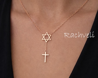10K, 14K or 18K Solid Gold or Silver Star of David Necklace with Cross, Yellow, Rose or White Gold. Interfaith Religious Gift For Woman