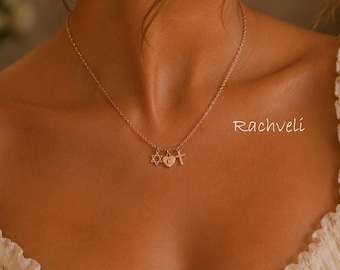 Star of David, Cross & Heart Multi Charm Necklace, Interfaith Jewelry in Solid Gold or Silver.