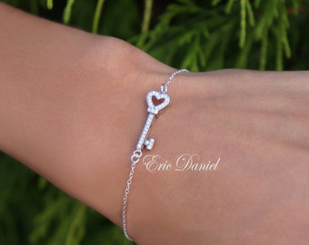 Sideways Key Bracelet With Heart, Available in Sterling Silver, Yellow Gold or Rose Gold