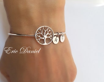 Sterling Silver Tree of Life Bangle Bangle Bracelet with Initials, Personalized Family Initials Bangle in Sterling silver