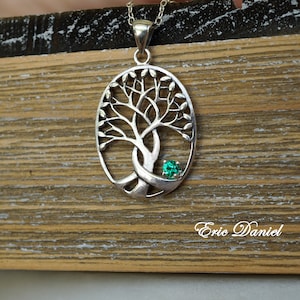 Tree of Life Pendant Necklace With Genuine Birthstone In Sterling Silver, 10K, 14K, Or 18K Solid Gold in White, Yellow or Rose Gold.