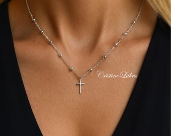 Sterling Silver Dainty Rosary Necklace With Classic Cross & Beaded Chain, Faith Gift For Woman.