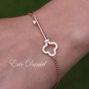 10K, 14K or 18K Solid Gold Sideways Key Bracelet with Cubic Zirconia in Yellow, Rose or White Gold, Clover Flower Bracelet for Woman or Girl