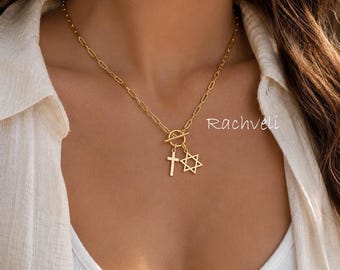 Star of David & Cross Biblical Interfaith Necklace with Paperclip Chain, Toggle Clasp.