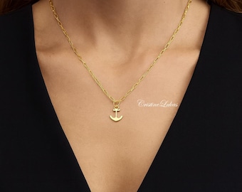 Designer Anchor Necklace With Paperclip Chain in Sterling Silver, Yellow or Rose Gold, Safe, Stability