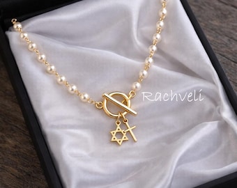 Natural Pearl Rosary necklace with Star of David & Cross Charms, Interfaith, Religious Celebrations, Christmas, Hannukah, Easter.