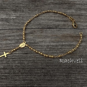 Gold Virgin Mary Rosary Bracelet: Religious Beaded Chain For Woman Or Girl.