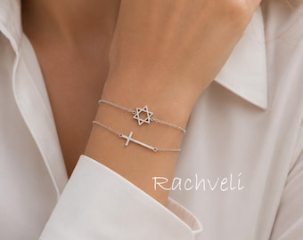 Solid Gold or Silver Interfaith Bracelet, Layered Star of David Charm with Sideways Cross.